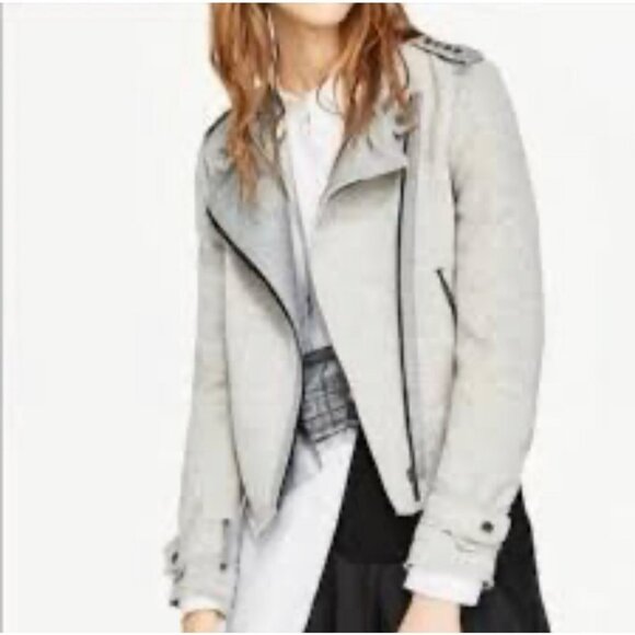 ZARA Basic Collection Jacket Women's Medium Moto Cotton Asymmetrical Zip Gray - Picture 1 of 9